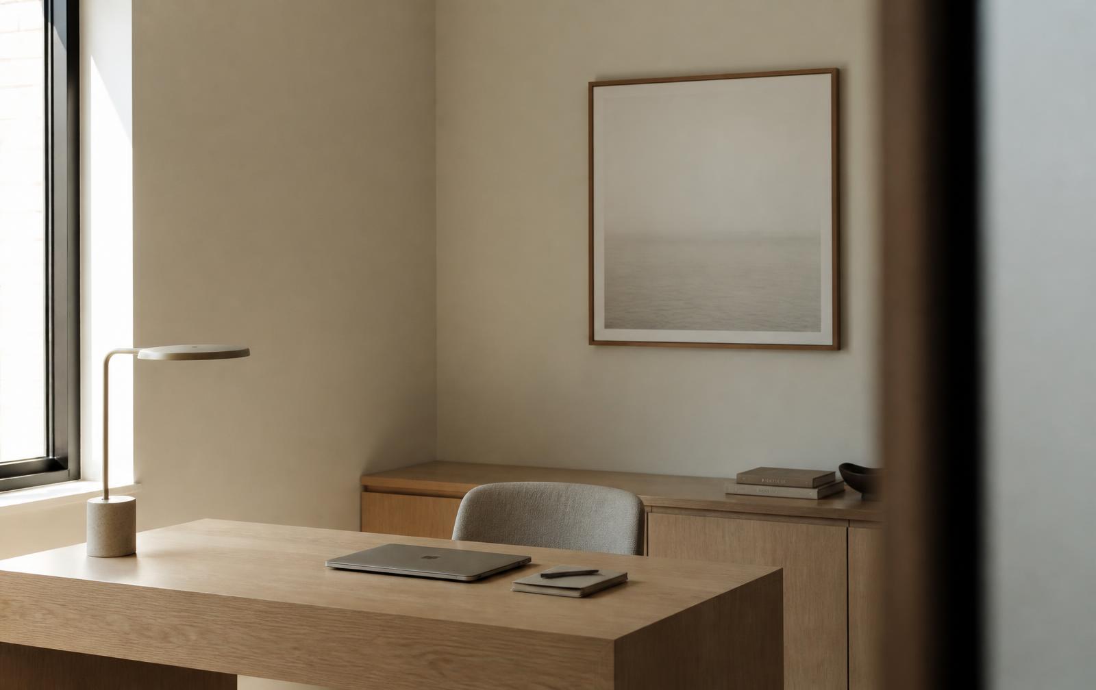 Bureau contemporain épuré éclairé par la lumière du jour